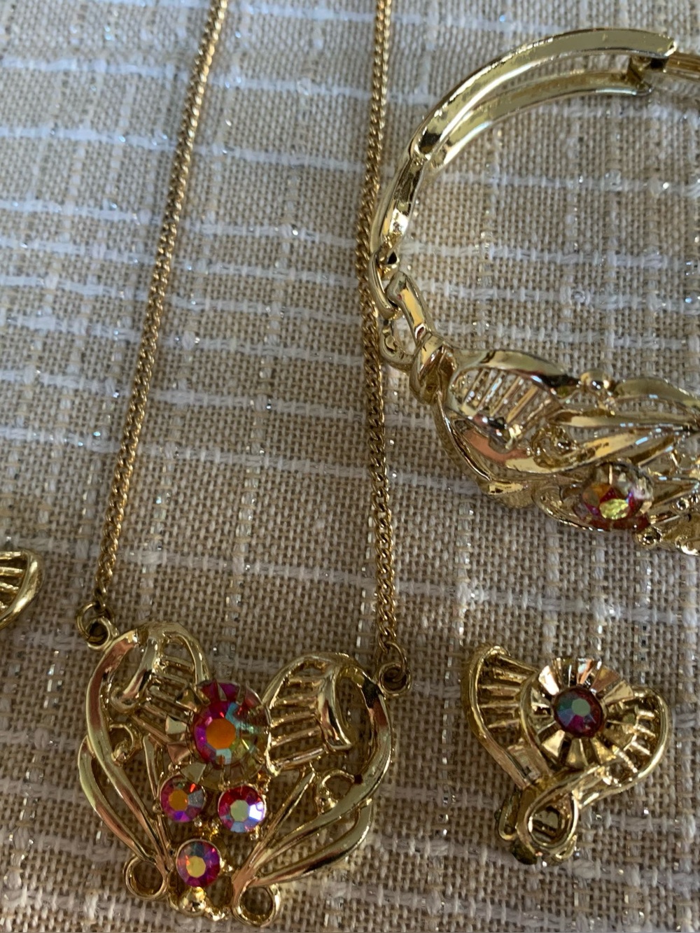 Gold Heart Crystal Necklace, clip earrings and Bracelet Set - Women Jewelry